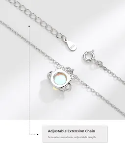 Detail view of S925 sterling silver cat necklace with moonstone and adjustable extension chain