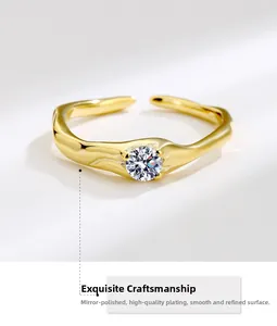 Macro detail of gold plated irregular S925 silver ring with sparkling zircon stone