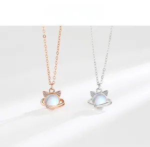 Close-up of S925 sterling silver cat necklaces in rose gold and silver with moonstone pendants