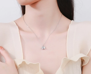 Detailed close-up of S925 sterling silver cat planet pendant necklace on model's neck