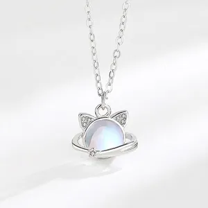 925 Sterling Silver Cute Cat Planet Pendant Necklace For Women Animal Rhinestone Clavicle Chain Jewelry Gold Silver