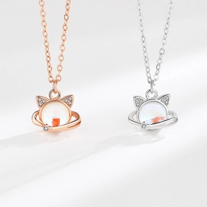 S925 sterling silver planet cat necklace in rose gold and silver finishes