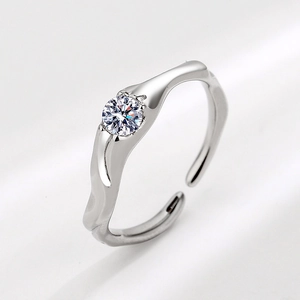 S925 sterling silver irregular wavy open ring with a sparkling round zircon stone