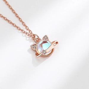 Rose gold S925 sterling silver planet cat necklace with moonstone and crystal pendant