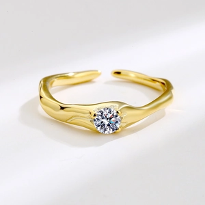 Elegant 18K gold S925 sterling silver irregular wavy ring with a sparkling zircon stone