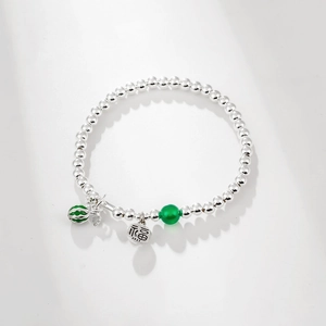 S925 Sterling Silver Beaded Bracelet For Women Lucky Fu Character Tag Watermelon Enamel Charm Green Bead Jewelry Gift