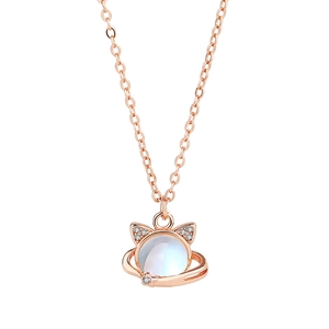Cute S925 silver cat planet necklace with rose gold pendant and translucent bead