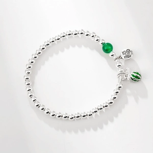 S925 sterling silver beaded bracelet with Fu character tag and green watermelon charm