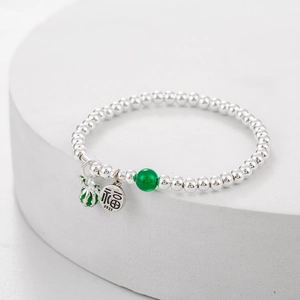 S925 Sterling Silver Bead Bracelet with Green Bead, Watermelon Charm and Fu Medal