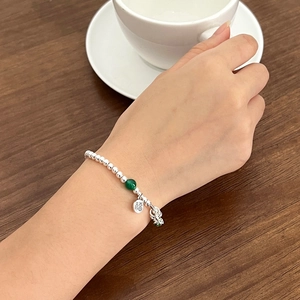 S925 sterling silver beaded bracelet with green jade bead and Fu character pendant