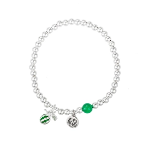 S925 sterling silver beaded bracelet with Fu charm, watermelon and green jade pendants