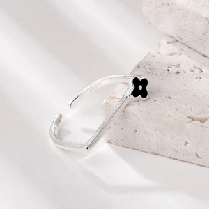 S925 Sterling Silver Square Open Ring For Women Black Clover Flower Geometric Adjustable Finger Ring Minimalist Jewelry Gift