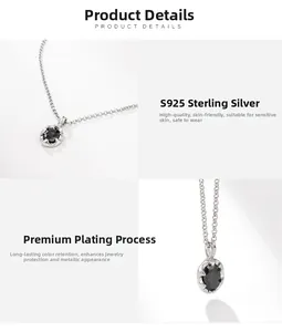 Detail view of S925 sterling silver necklace with a round black zircon inlay pendant