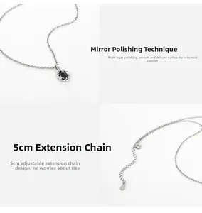 Detail of S925 sterling silver necklace featuring a black zircon pendant and 5cm extension