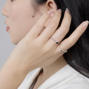 Stackable S925 sterling silver open ring set with black floral and bead design for women