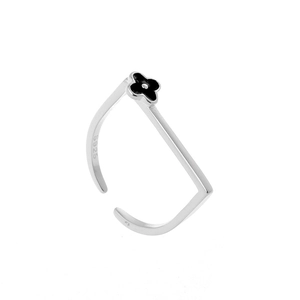 S925 sterling silver open ring with black flower and minimalist D-shape design