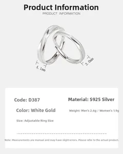 Detailed size specifications for S925 sterling silver adjustable couple knot rings