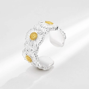 S925 Sterling Silver Daisy Open Ring Fashion Flower Adjustable Finger Ring Gold Silver Dual Tone Jewelry Gift For Women