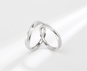 Macro shot of S925 silver lovers' knot rings featuring polished and brushed finishes