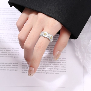 S925 sterling silver daisy open ring featuring a wide band with gold and silver petals
