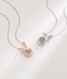 Detailed view of S925 silver rabbit necklaces in rose gold and silver finish with crystal