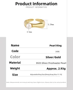 Detailed spec sheet showing a S925 silver adjustable ring with 5mm freshwater pearl