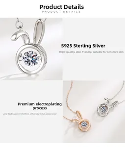 Detail of S925 sterling silver rabbit pendants with dancing cubic zirconia in two colors