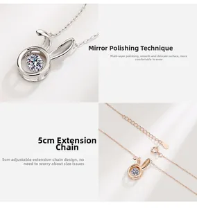Detailed macro view of S925 silver bunny pendant with dancing stone and adjustable chain