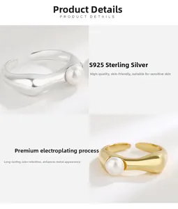 Detail view of silver and gold plated S925 sterling silver rings with white pearls
