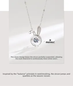 Detail of S925 sterling silver jumping rabbit pendant with dancing sparkling cubic zirconia