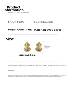 Detailed dimensions of S999 silver gourd stud earrings showing 9mm by 6.5mm size