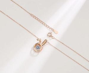 Macro shot of S925 sterling silver stamp on the rose gold bunny necklace extension chain