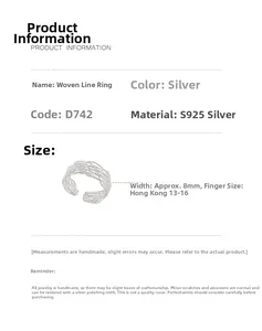 Fiche technique pour bague en argent S925 tressé avec largeur 8mm et taille ajustable