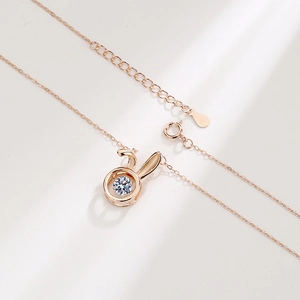 S925 sterling silver rabbit pendant necklace with sparkling stone in rose gold finish