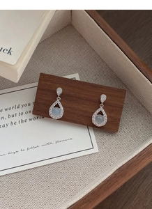 Macro shot of S925 silver teardrop earrings with pale blue chalcedony and white zircons