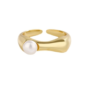 Elegant S925 silver adjustable open ring with a single white freshwater pearl in gold finish