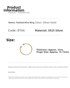 Detailed view of gold twisted S925 sterling silver ring showing 1mm thickness and texture