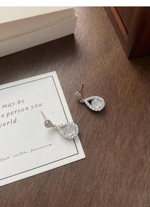 Macro detail of S925 silver water drop earrings with chalcedony and zirconia stones