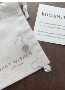 Macro shot of S925 silver sphere earrings with shimmering crystals on elegant gift pouch