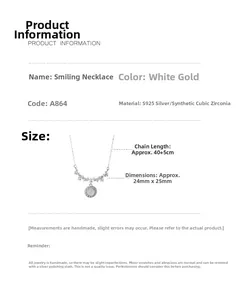 Detail specifications of S925 silver smile necklace with cubic zirconia pendant dimensions