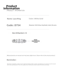 Détail macro de la bague en argent S925 avec dentelle en zircone et guide des tailles