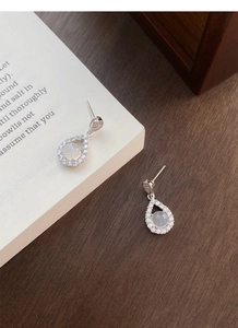 Detailed macro view of S925 sterling silver water drop earrings with white chalcedony