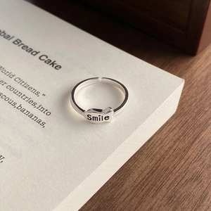 Minimalist S925 sterling silver open ring with small fish and Smile engraving