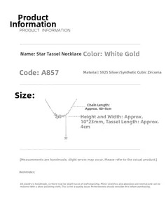 Detailed S925 silver star tassel necklace dimensions featuring zircon stone pendant