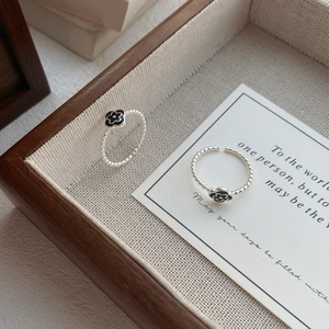 925 Sterling Silver Black Flower Adjustable Open Ring Minimalist Drip Oil Floral Finger Ring For Women Sweet Daily Jewelry