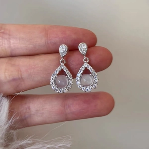 Elegant S925 Sterling Silver White Chalcedony Water Drop Stud Earrings With Zirconia For Women New Chinese Style Jewelry