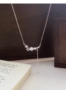 Detailed close-up of S925 sterling silver star pendant necklace with sparkling zircons