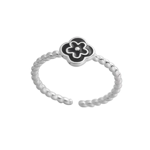 S925 sterling silver open ring with black enamel flower and twisted band design
