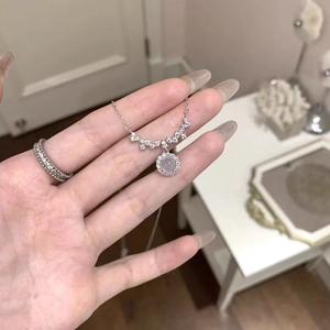 925 Sterling Silver Necklace With Round Moonstone Pendant Sparkle Zirconia Smile Bar Jewelry For Women Daily Office Dating
