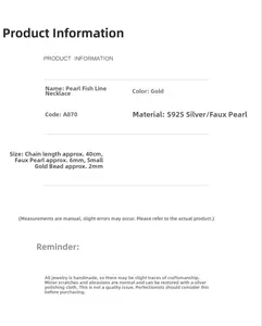 Specifications for gold S925 silver pearl necklace with 40cm invisible fish line